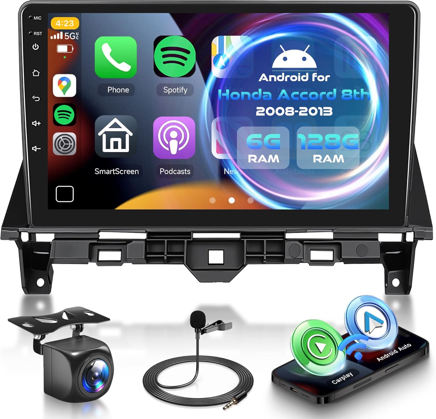 8 Core 6G+128G Android Car Radio for Honda Accord 8th 2008-2013 with Wireless CarPlay Android Auto, 10” Touchscreen Car Stereo Mirror Link GPS WiFi Bluetooth FM RDS DSP EQ SWC Backup Camera