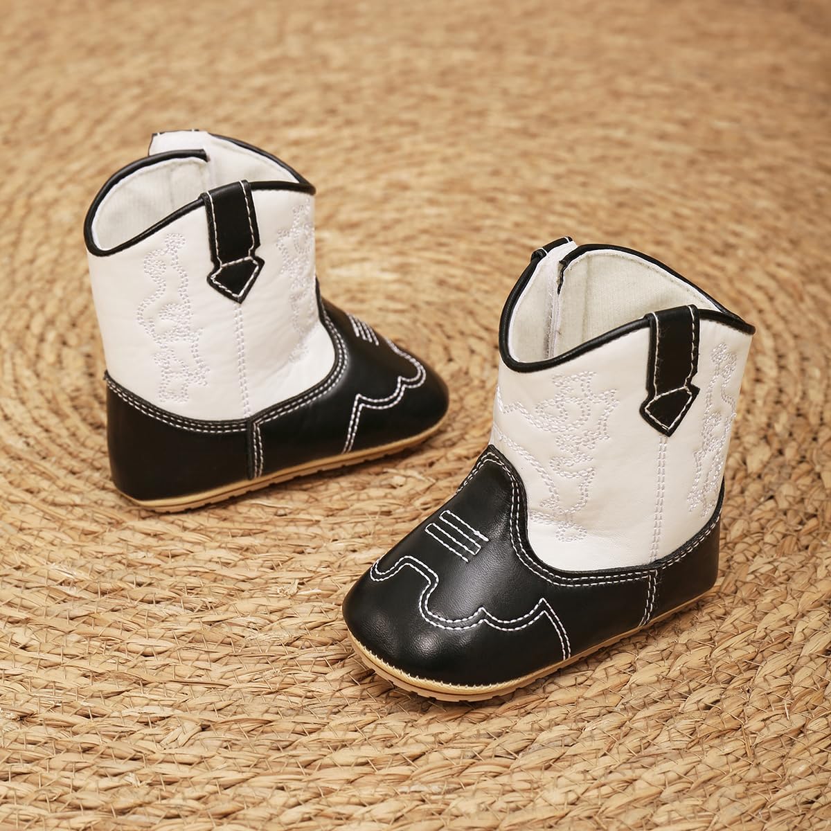 Baby Cowboy Boots for Boys & Girls Embroidery Western Baby Cowgirl Boots Infant Sequin Leather Baby Cowboy Boots Round Toe Ankle High Hook and Loop Shoes Slip-resistant Sole infant First Walker Newborn Soft Sole Flat Shoes