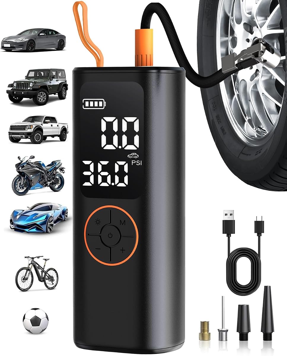 Inflador de neumáticos Compresor de aire portátil - Mini bomba de aire inalámbrica de inflado 4 veces más rápido con manómetro digital con manómetro digital/luz LED Inflador de neumáticos portátil para coche/moto/bicicleta/pelota, etc.