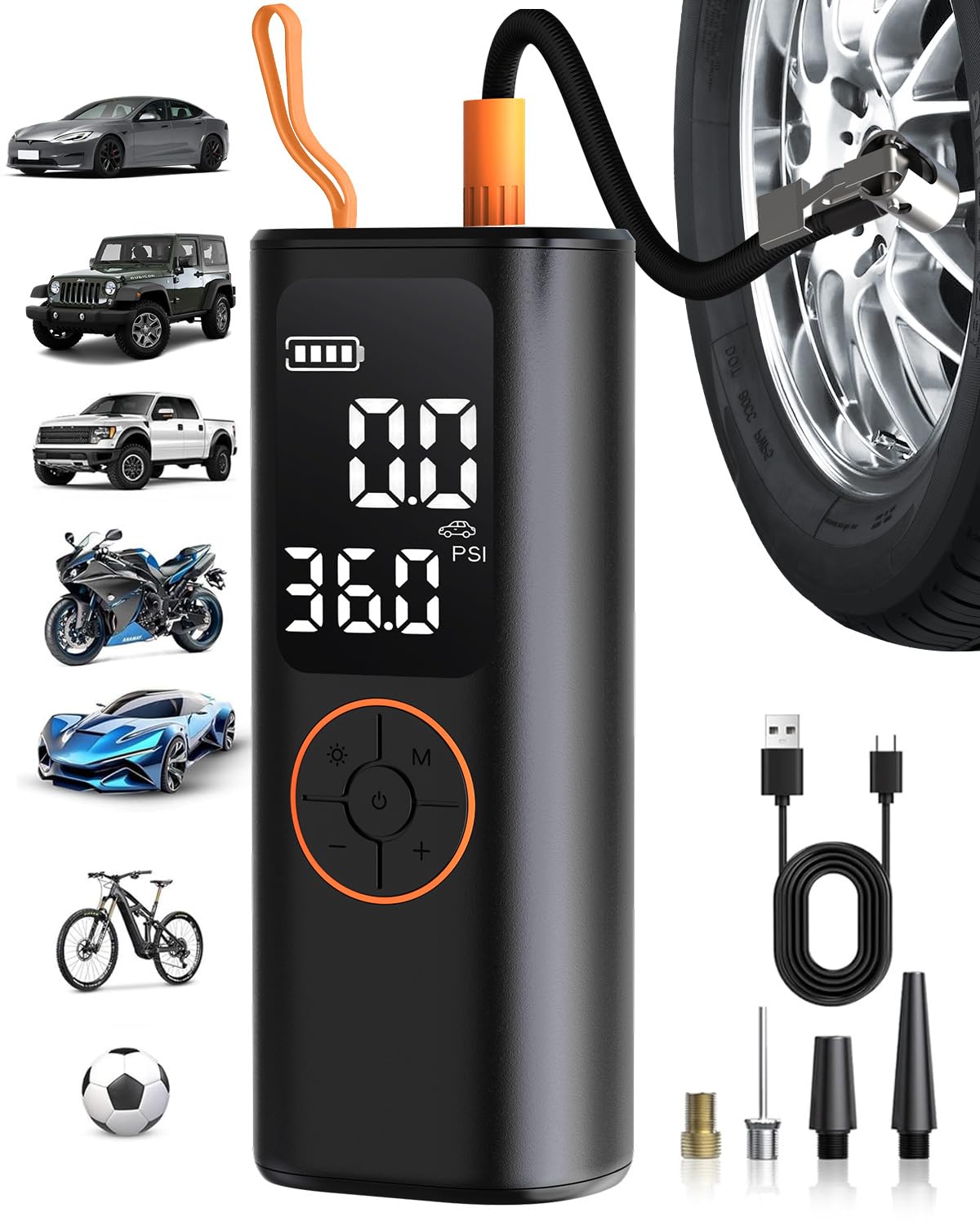 Compresor de aire portátil para inflador de neumáticos, mini bomba de aire inalámbrica de inflado 4 veces más rápido con manómetro digital con medidor de presión digital/luz LED, inflador portátil de