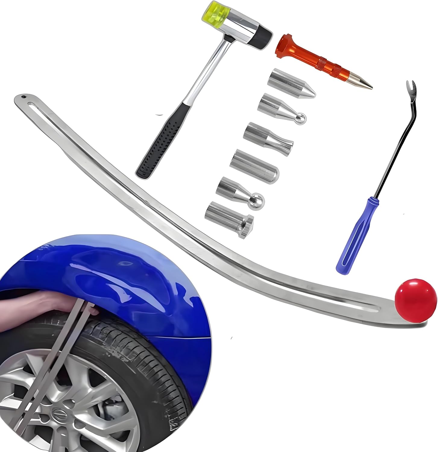 Car Dent Puller Kit, Manual Car Dent Remover PDR Kit, Auto Fender Paintless Dent Repair Tools with Big Curved Crowbar PDR Rod & Rubber Hammer for Motorcycle Metal Surfaces