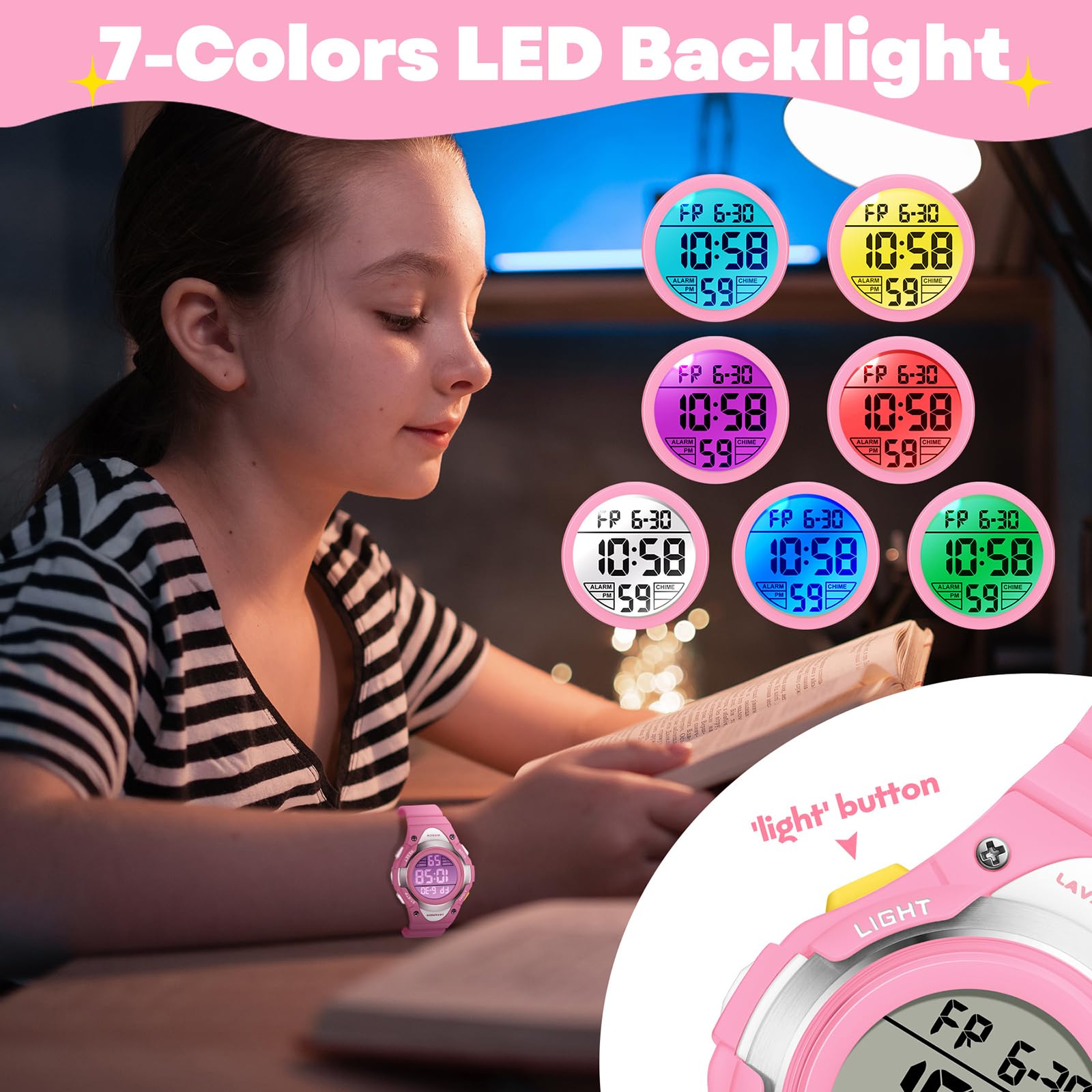 Timever Orologio Digitale Bambina Bambino con cinturino in silicone, impermeabile 5 ATM, orologio sportivo da polso ragazza ragazzo con sveglia, cronometro, data, luce