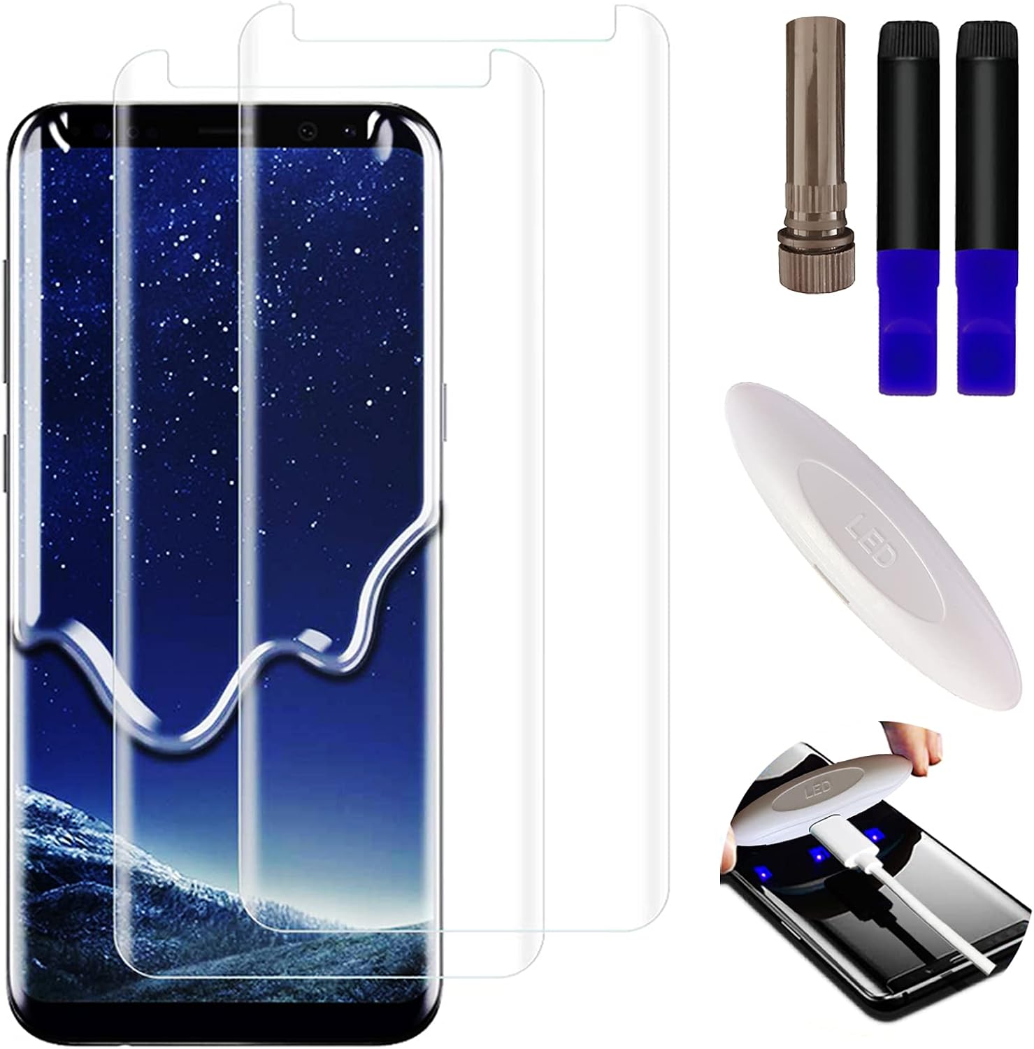 Johncase [2 Pack Screen Protector Compatible for Samsung Galaxy S8/S9, Full Edge 3D Curved Tempered Glass Film W/UV Liquid Adhesive Light Installation Kit [Case Friendly]
