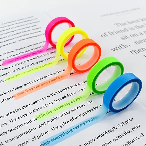 VANRA 5 rollos de cinta iluminadora transparente, etiquetas de color fluorescente extraíbles para clases de lectura, 16 pies por rollo