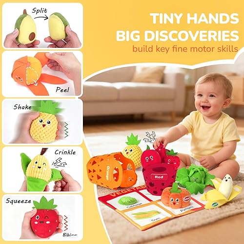 Miniatura 3 de Juguetes sensoriales para bebés, juguetes de felpa para clasificar colores de frutas y verduras de 6 a 12 meses, comida de juego de simulación con