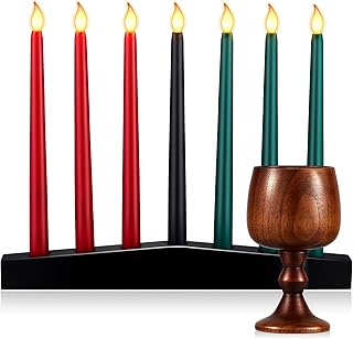 Riakrum 9 Pcs Kwanzaa Kinara Set Includes 3 Red 3 Green 1 Black LED Flameless Candles Black Wood Kinara Candle Holder Wooden Wine Goblet for Kwanzaa Celebration Party Supplies Home Decorations