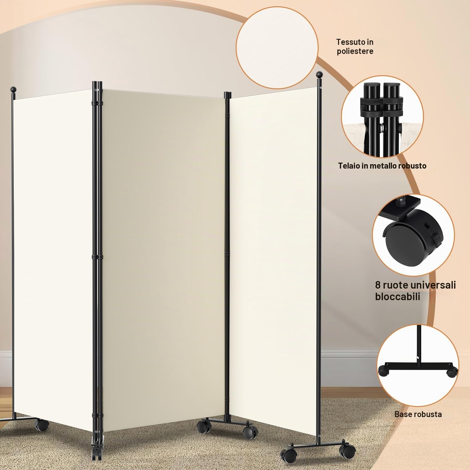 Paravent Interieur, 263 x 181 cm, divisorio pieghevole in 3 pezzi, divisorio da parete in metallo e poliestere, frangivista per interni, per casa, ufficio, terrazza, beige