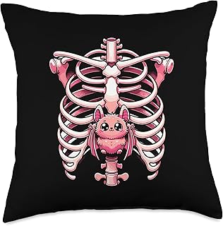 Pastel Goth Skeleton Ribcage Bat X-ray Halloween Bat Lover Throw Pillow