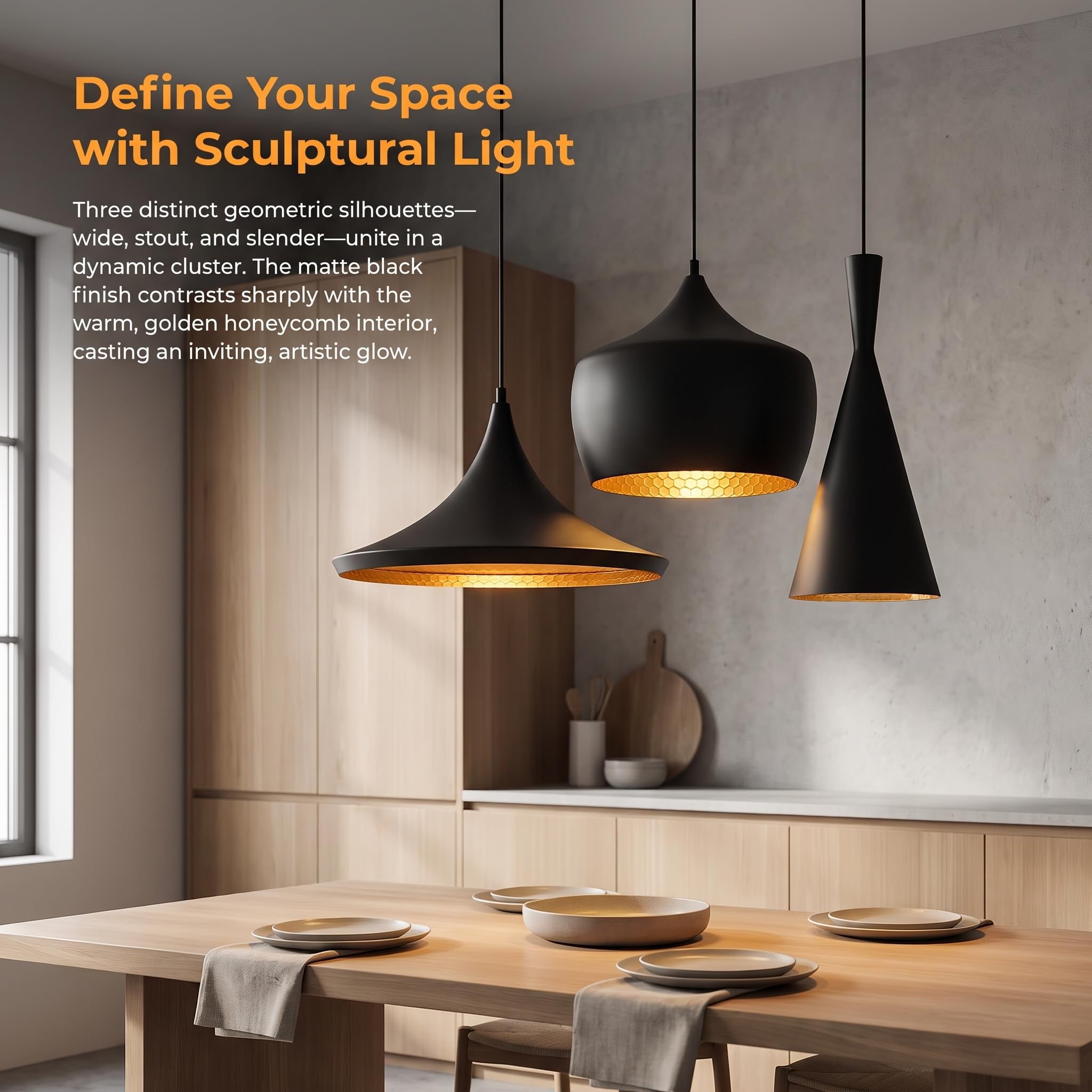 BARCELONA LED 3er Set Skandinavische Pendelleuchten SOLVANG HELGA KOLDING | Aluminium, Schwarzmatt, Goldene Innenseite, E27 Bis 40W, Höhenverstellbares Kabel, Warmes Licht