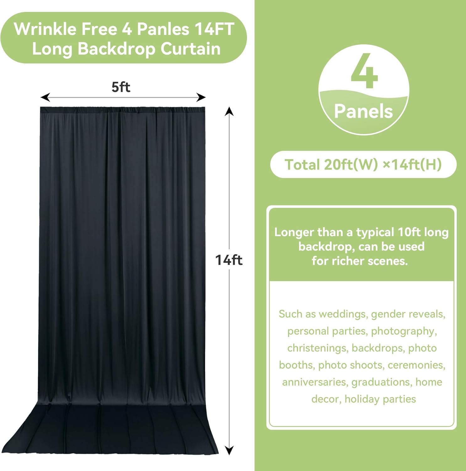 20ftx14ft wrinkle free black backdrop curtain, 4 panels 14ft height black wedding backdrop drapes, silky polyester back drop cloth for birthday photography background party backdrop draping (w)5ft x (h)14ft (4 panel) black