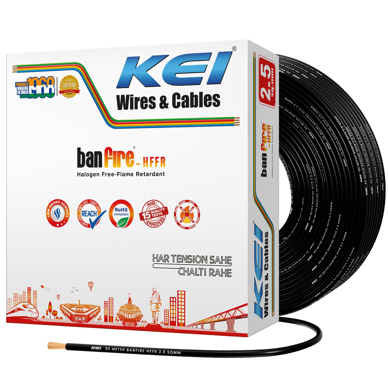 KEI BANFIRE- HFFR 2.5 sqmm 1 Core 99.97% Pure Copper Conductor Heat Resistant Flame Retardant Low Smoke & Halogen - Lead Less House Wire for Domestic & Industrial Electrical Wiring (Black,90 Meters)-image-46