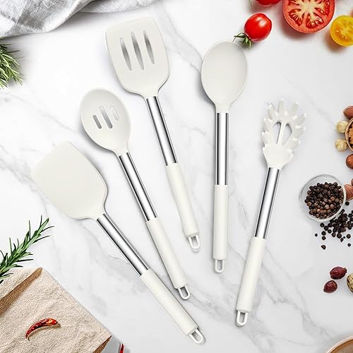 Miniatura 7 de TeamFar Juego de utensilios de cocina, 5 piezas de utensilios de cocina de silicona con mango de acero inoxidable, para utensilios de cocina