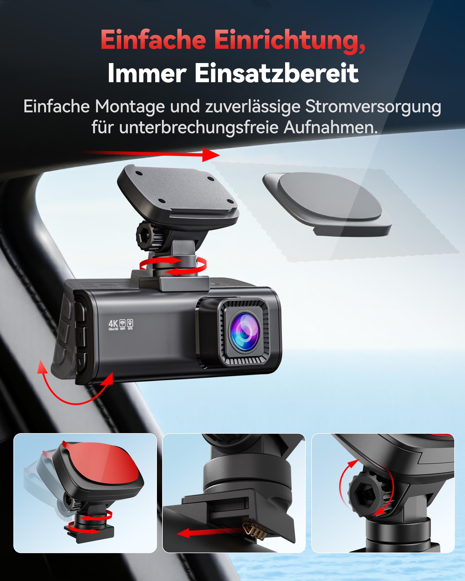 REDTIGER F7N 4K Dashcam mit WiFi GPS Vorne 4K/2.5K und Hinten 1080P Dash Kamera, Inklusive 64G Karte, 3.18" Kamera Auto, 170° Weitwinkel Dashcam Auto, Parking Monitor, Unterstützt Maximal 256GB(F7N)