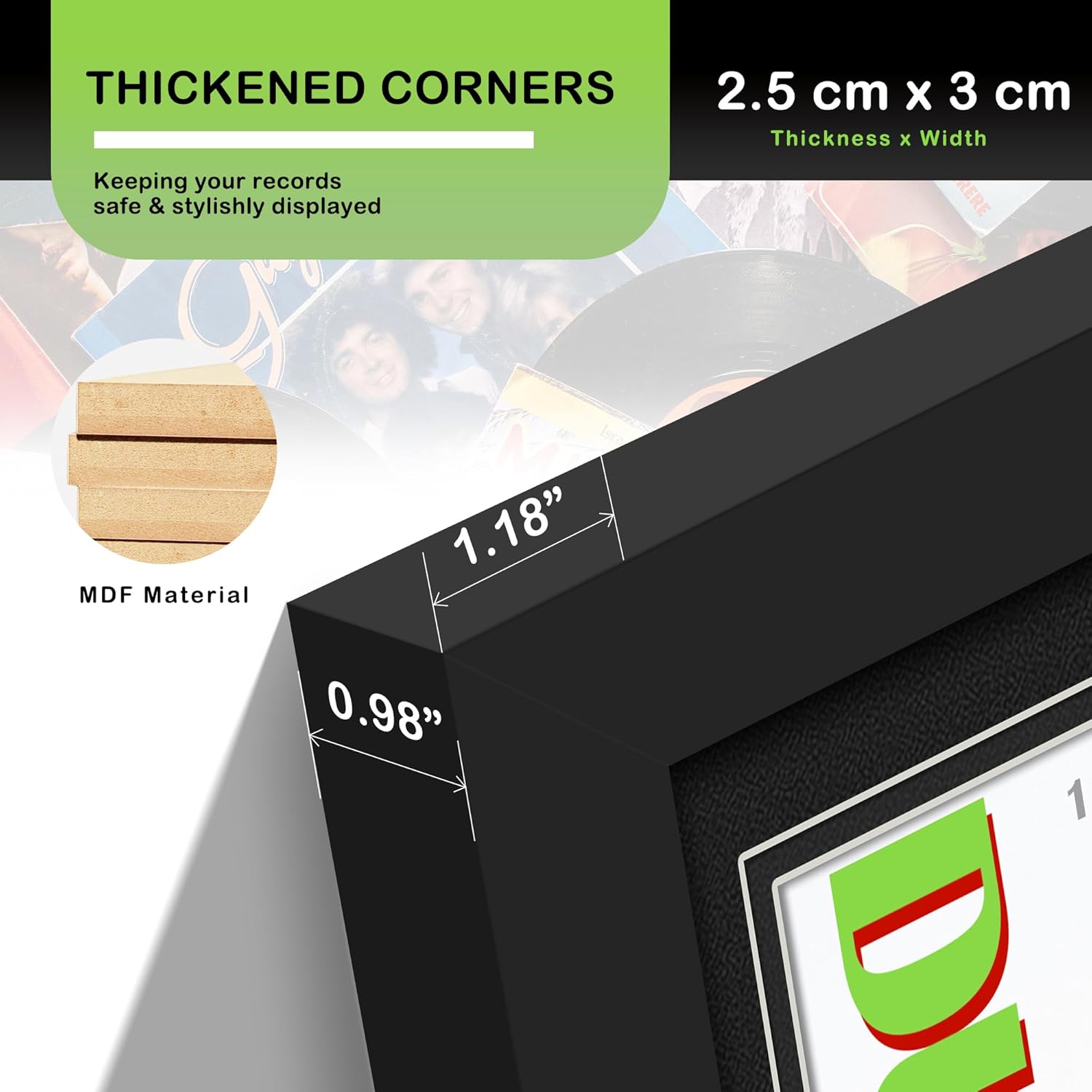 DUENPY Vinyl Record Display Frame 15.1x30 Inches Display Record Album and 12.5x12.5 Album Cover Art Wall Mount Double Black Mat