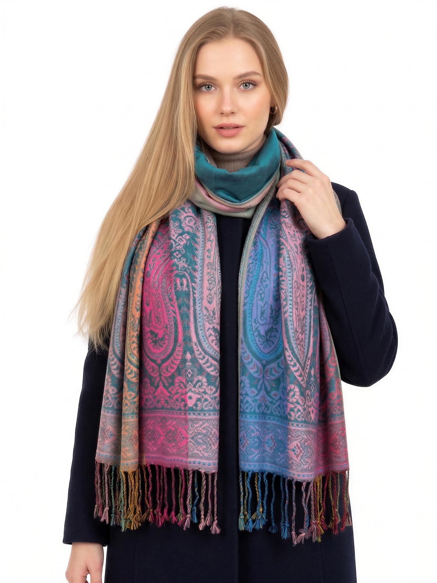 Women Pashmina Scarf Shawl Wrap - Large Long Paisley Floral Rainbow Ladies Scarves, Wearable Blanket Scarf, Womens Winter Scarfs, Indian Shawl Wedding Evening Stole, Head Scarf (Turquoise Teal)