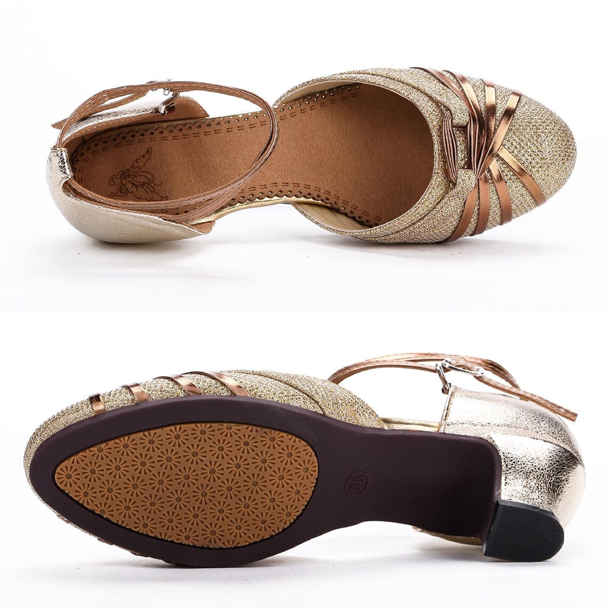 Damen Tanzschuhe Standard Latein Fersen Geschlossene Zehen Gummi Sohle(Gold 3.5cm.40 EU Normal)
