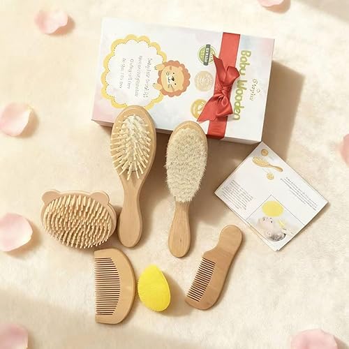 Miniatura 9 de Juego de 6 cepillos y peine para el pelo del bebé, bambú natural y cerdas de cabra para el cuidado de la tapa de la cuna, kit de aseo para recién