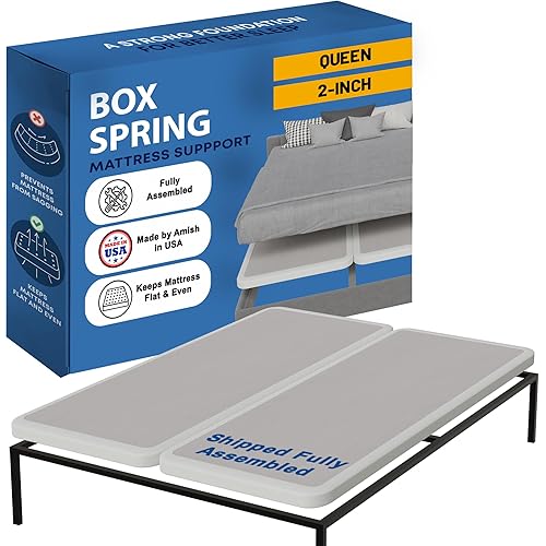 Greaton, Box Spring Bed Base Queen Size, 2-Inch Wood Mattress Foundation - Amish Made in USA – Quiet Noise Free, 2-Pieces Under Mattress-Support BoxSpring, Fully Assembled, White