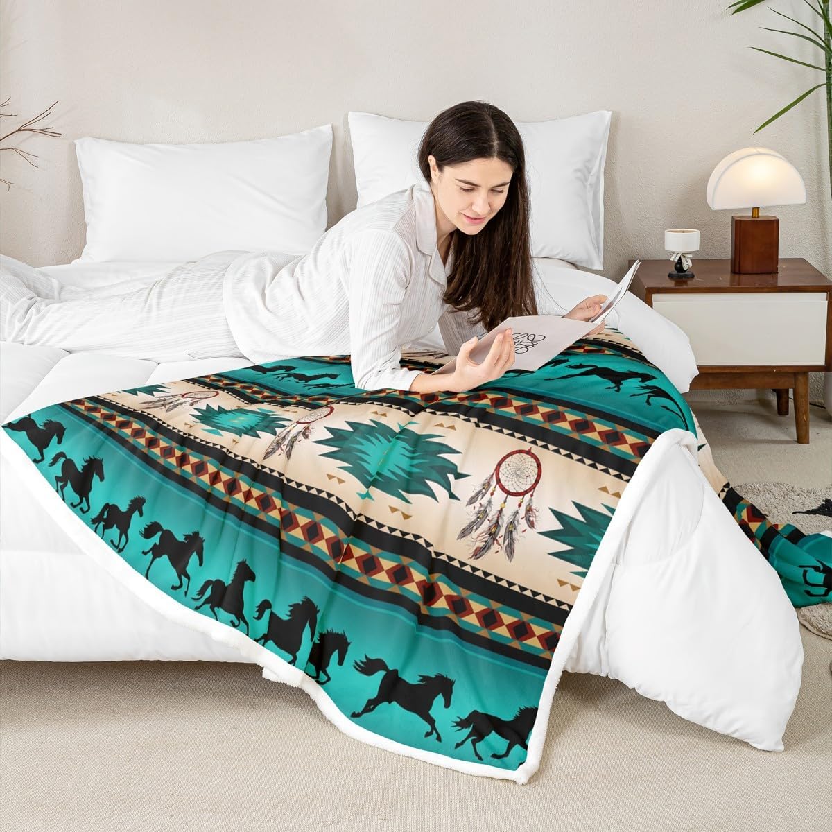Horse Bed Blanket Dreamcatcher Throw Blanket for Boys Child Teens Men,Aztec African Tribal Horse Printed Fleece Blanket Western Farm Animals Blanket Exotic Nordic Style Bedroom Decor,90"x90"