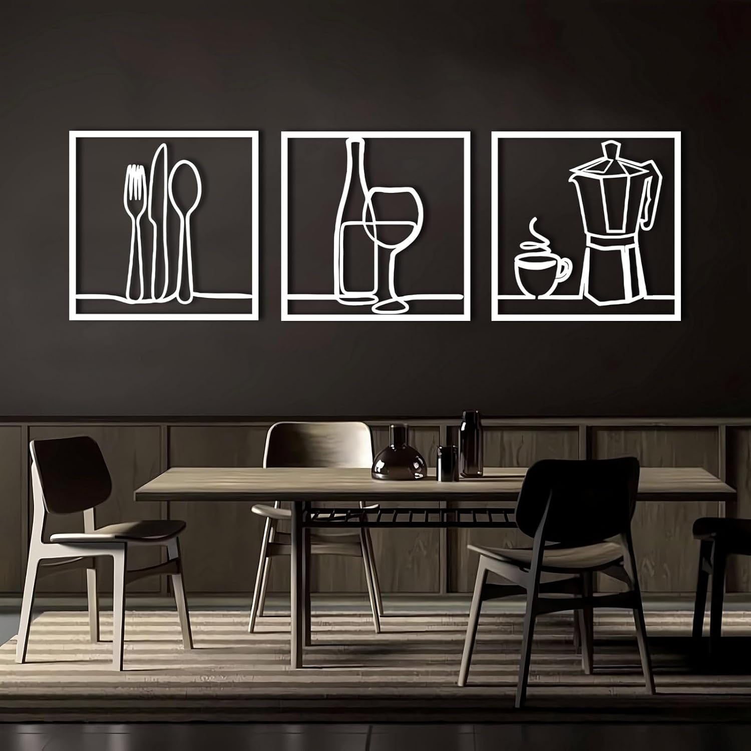 Knife Spoon Fork & Wine Glasses & Teapot Metal Wall Decor, Kitchen Metal Line Wall Art, Kitchen Tools Wall Art, Minimalist Line Wall Hanging, Restaurant Dining Room Decor (Black, 59"x19"/150x50cm)