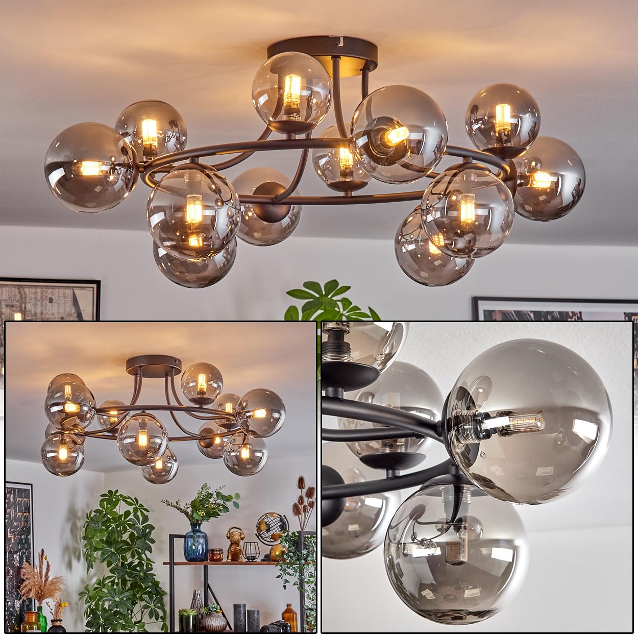 Plafonnier HOFSTEIN Chehalis, plafonnier à 12 ampoules en métal/verre noir/couleur fumée, luminaire au design rétro/vintage (abat-jour Ø 10,12 cm), G9, salle à manger, salon, cuisine, couloir, bureau