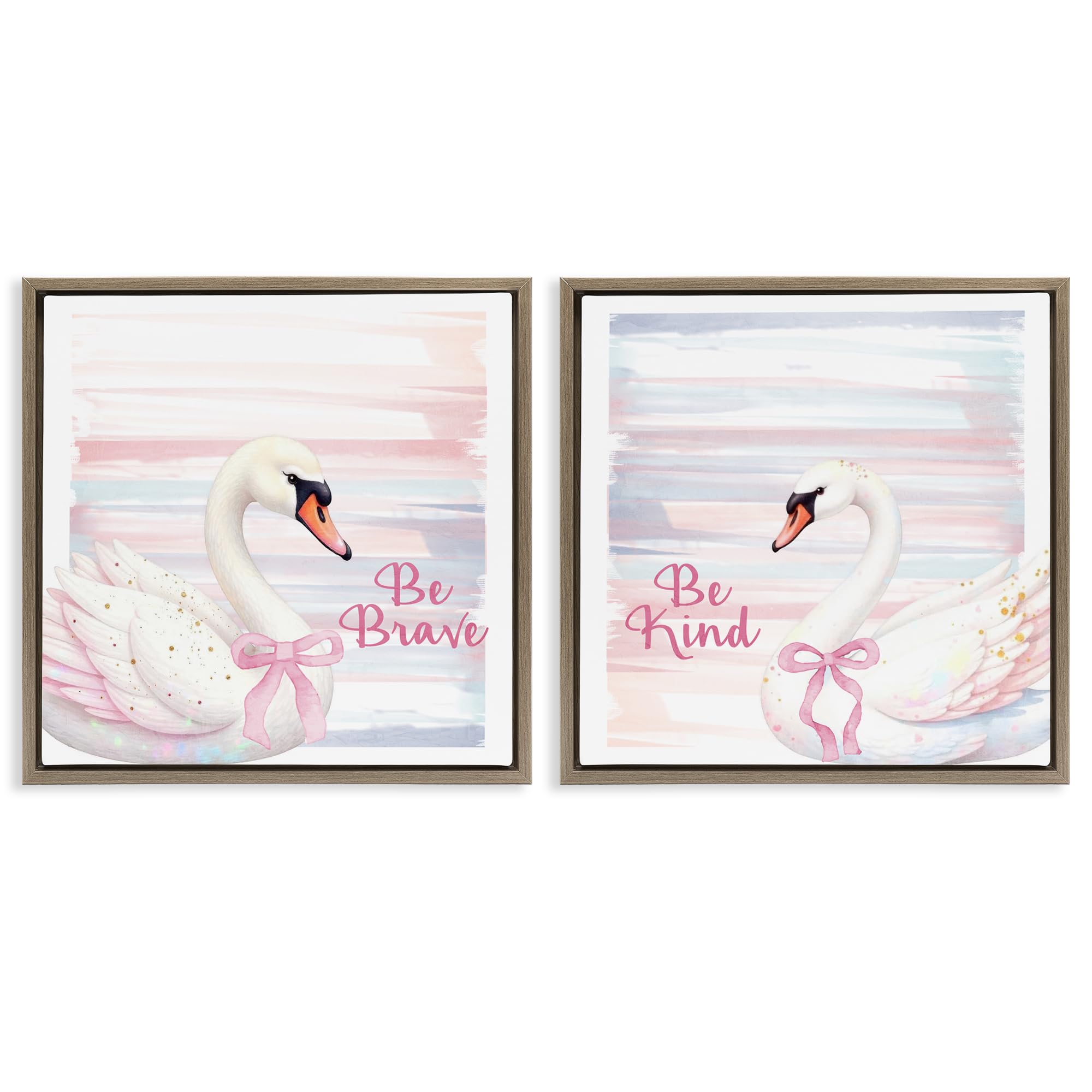 Stupell Industries Be Brave & Kind Pastel Swan 2 Piece Brown Framed Floater Canvas Set, design by Kim Allen, 25 x 25