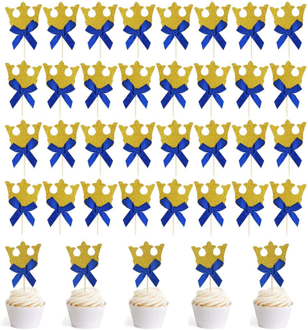 AllazoneGold Glitter Crown Cupcake Toppers and Blue Bow, 40 Pack Cake Decoration Toppers for Dessert Table, Christmas, Baby Shower, Birthday, Anniversary, Wedding and Any Party
