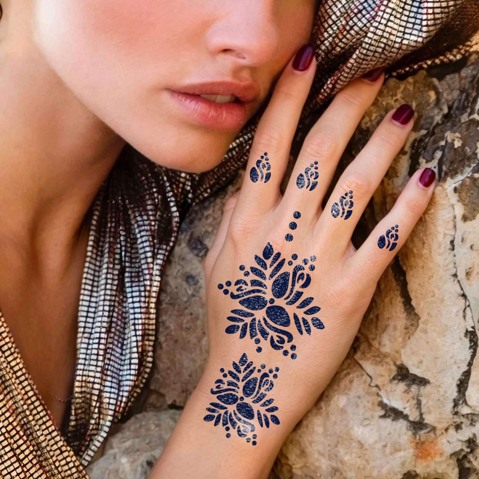 RAZET 20 Fogli Stencil per Tatuaggi per Mani, Modelli Autoadesivi per Palmi e Dita, Adesivi per Tatuaggio Temporaneo Indiano Arabo per Matrimoni e Feste