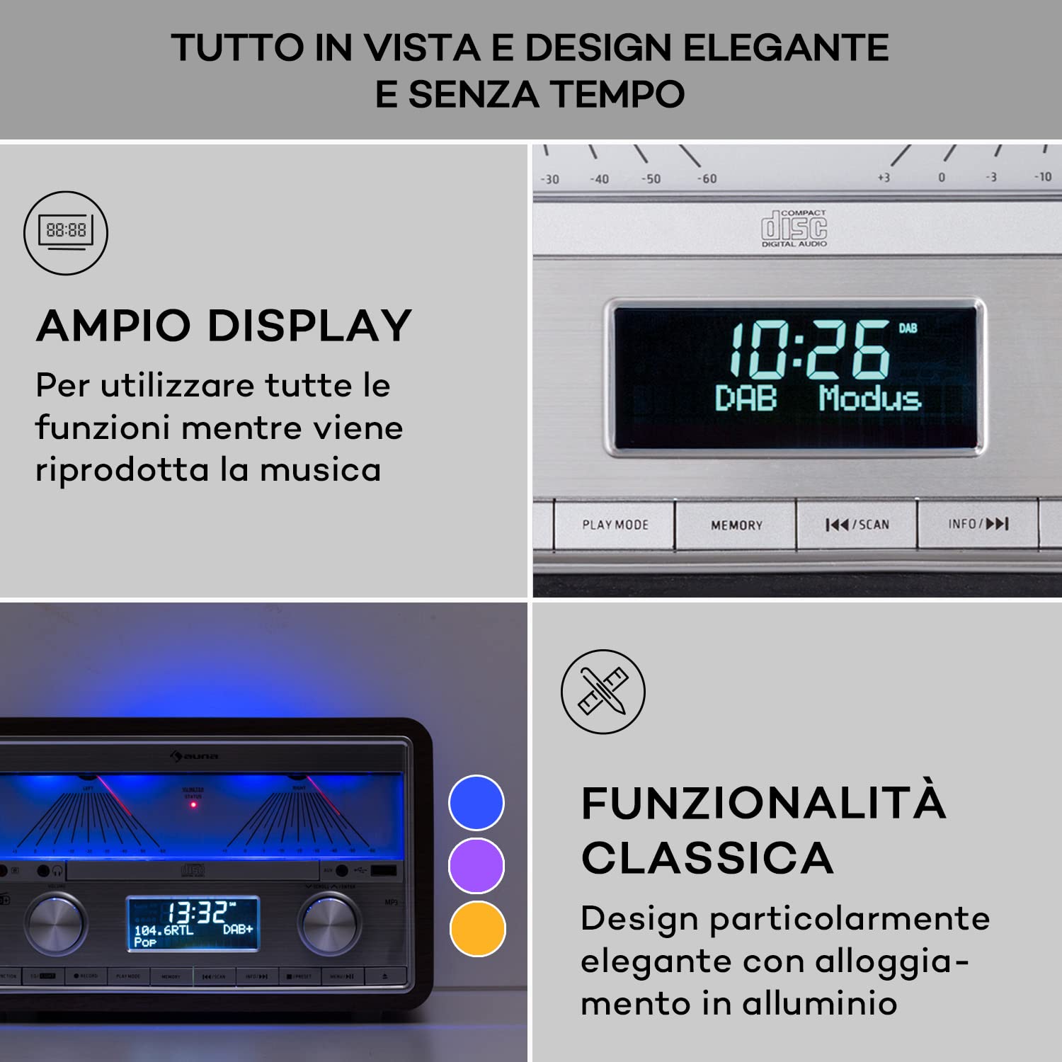 Auna Radio DAB/DAB+ Portatile Digitale con Bluetooth e Lettore CD, Sistema Stereo AUX e MP3, Micro Stereo Rimovibile da 25W, Display LCD, USB, Streaming