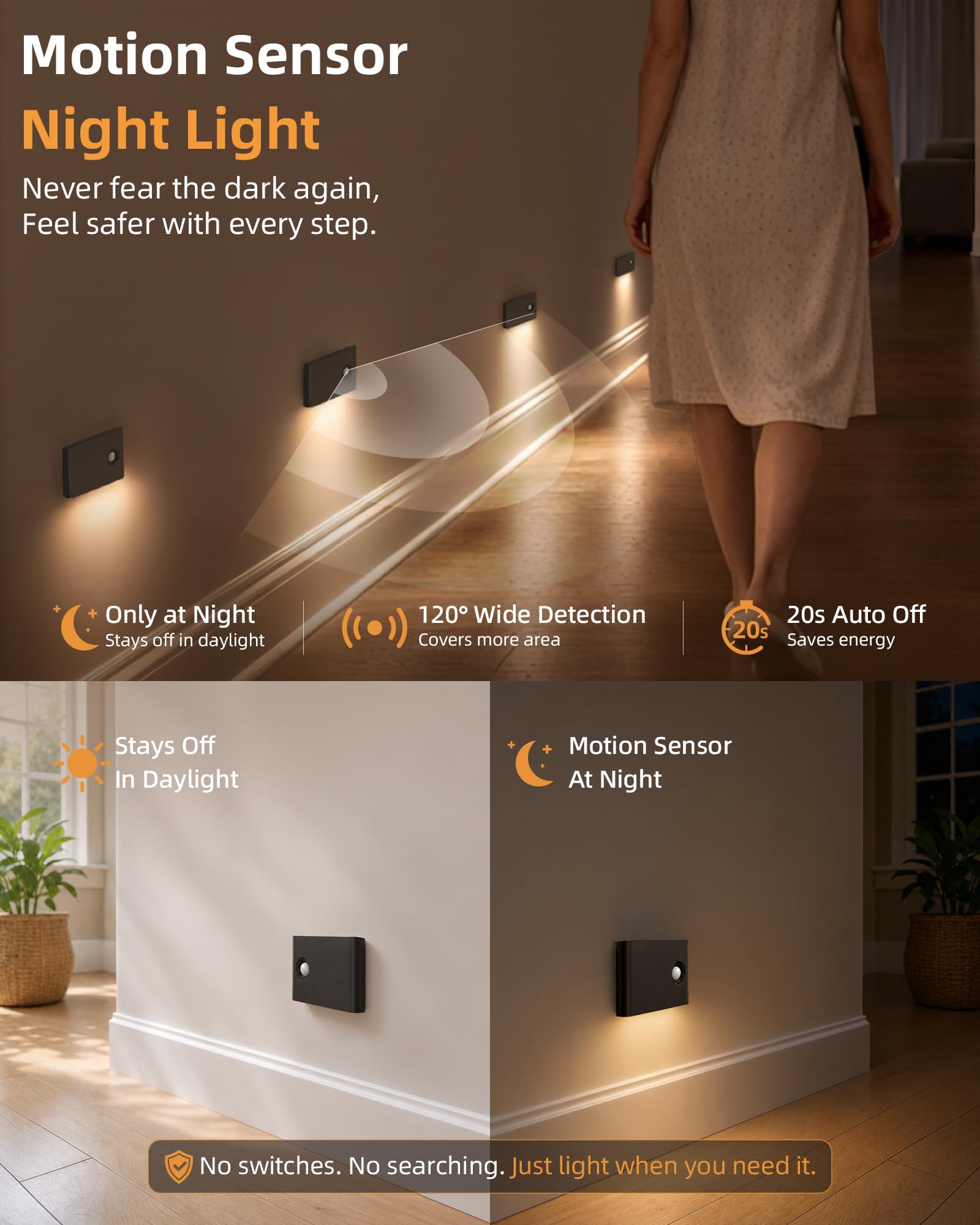 EZVALO Lot de 6 veilleuses à détecteur de mouvement, synchronisées à DEL pour intérieur, 1500 mAh, rechargeables et magnétiques, blanc doux 3000 K, veilleuse portable pour couloir, escaliers, salle de