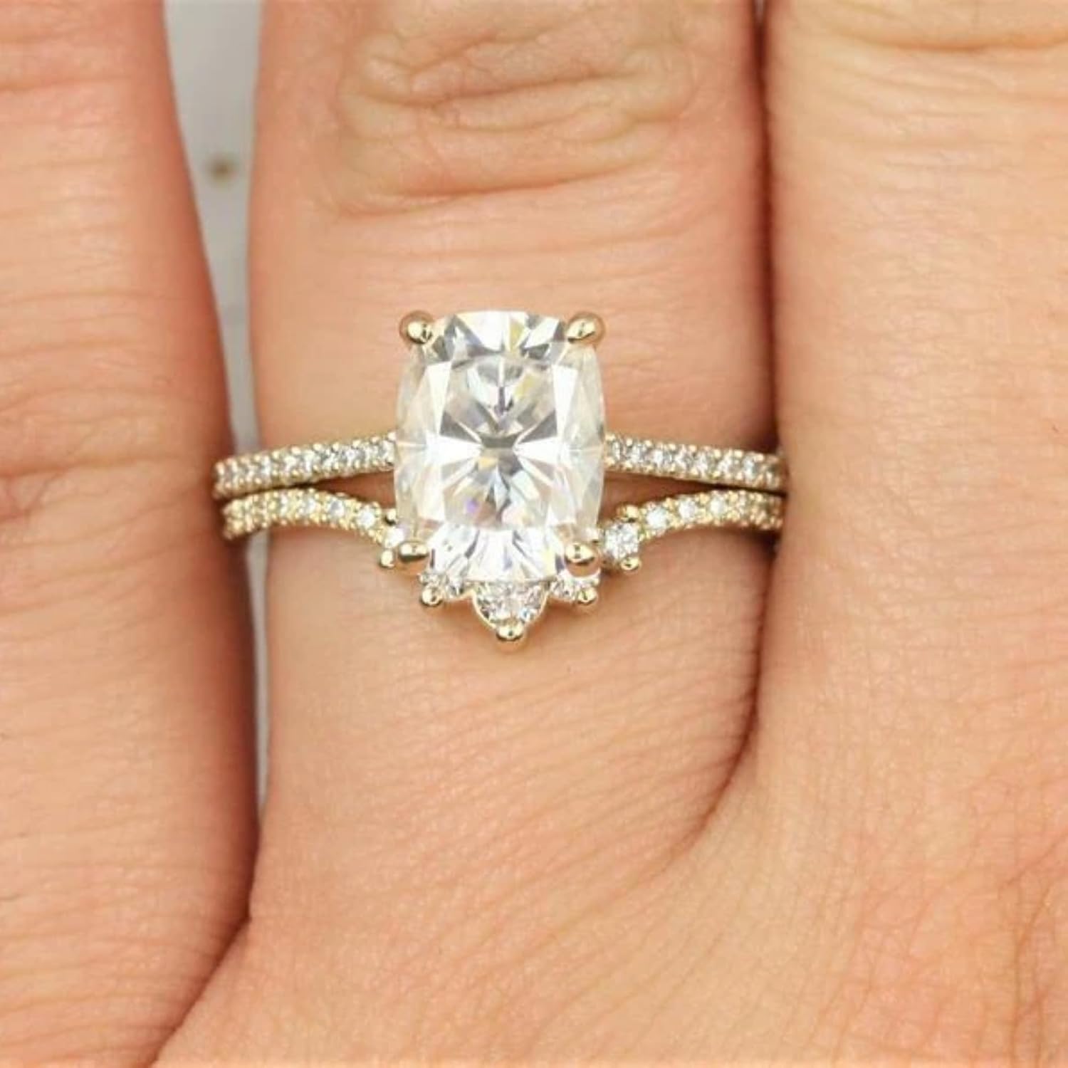 HANDMADE Cushion Cut Moissanite Bridal Engagement Ring Set, 925 Sterling Silver, 14k Yellow Gold Plated, Sizes 4-13, for Wedding, Anniversary, Proposal