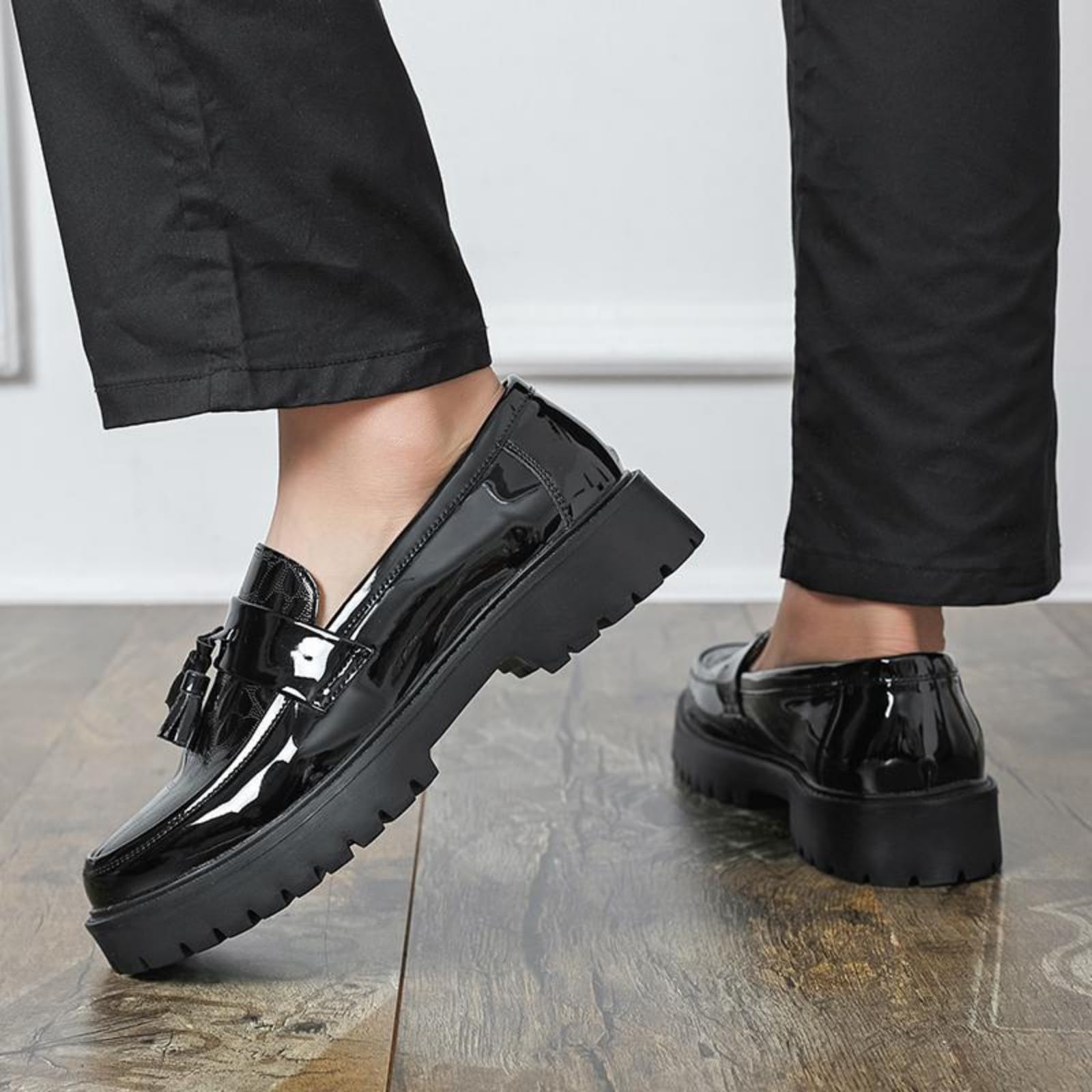 Mocasines Plataforma Hombre Zapatos Vestir Slip-On De Piel Charol | Zapatos Formales De Estilo Moderno Con Borlas, Puntera Redonda Y Suela De Goma, Para Bodas Y La Oficina