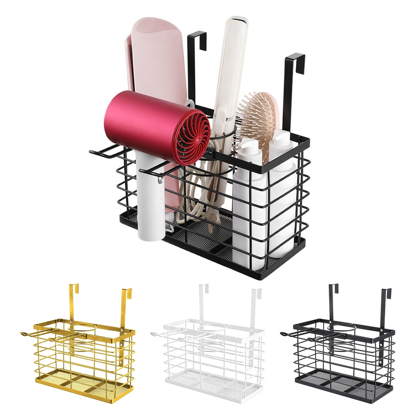 Support de sèche-cheveux réglable en hauteur 3 en 1 pour porte d'armoire de rangement pour sèche-cheveux, fers plats, baguettes à friser