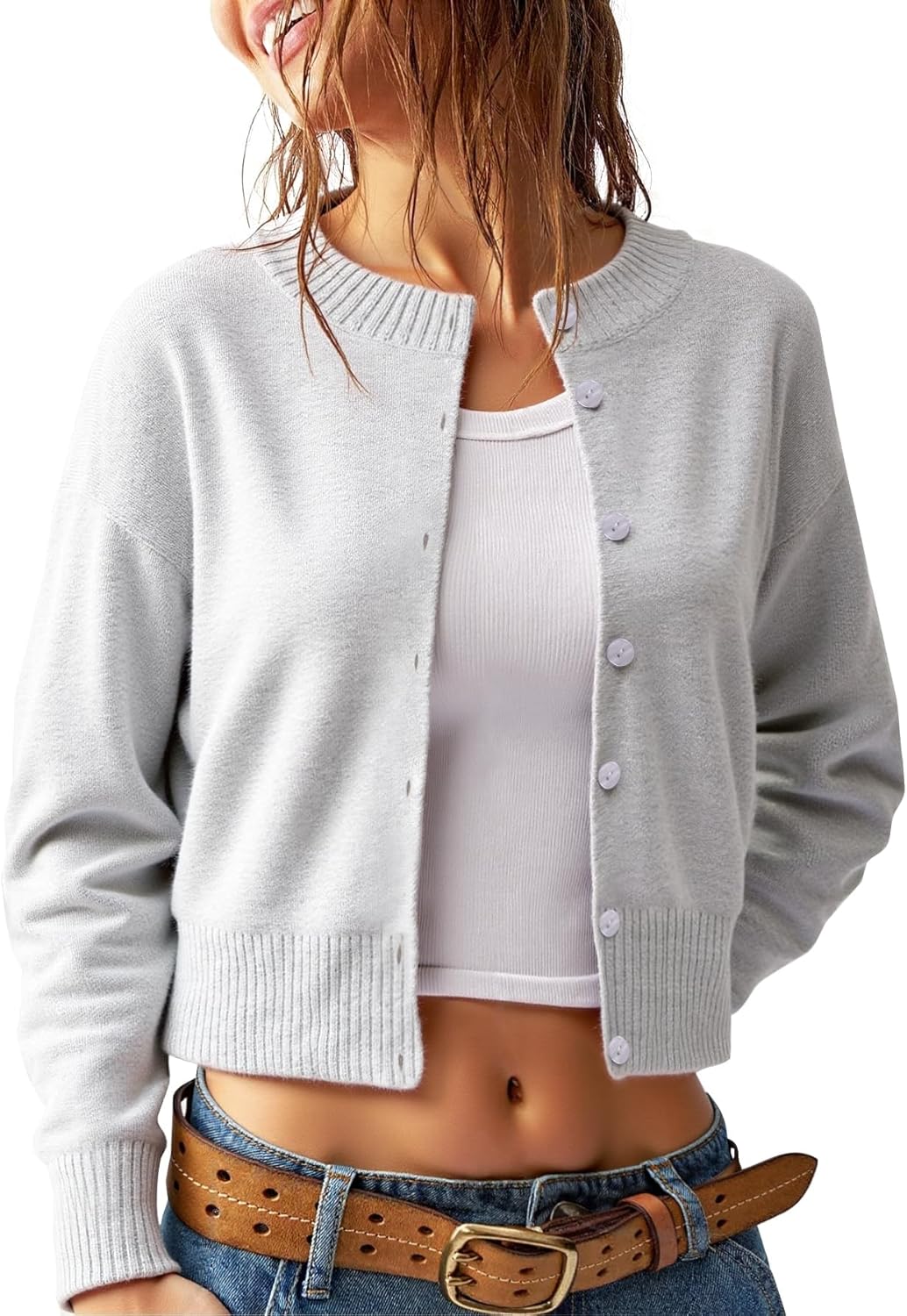 Women's Cropped Knit Cardigan Sweater – Button Down Long Sleeve Slim Fit Gray Fall Layering Top - Image 5
