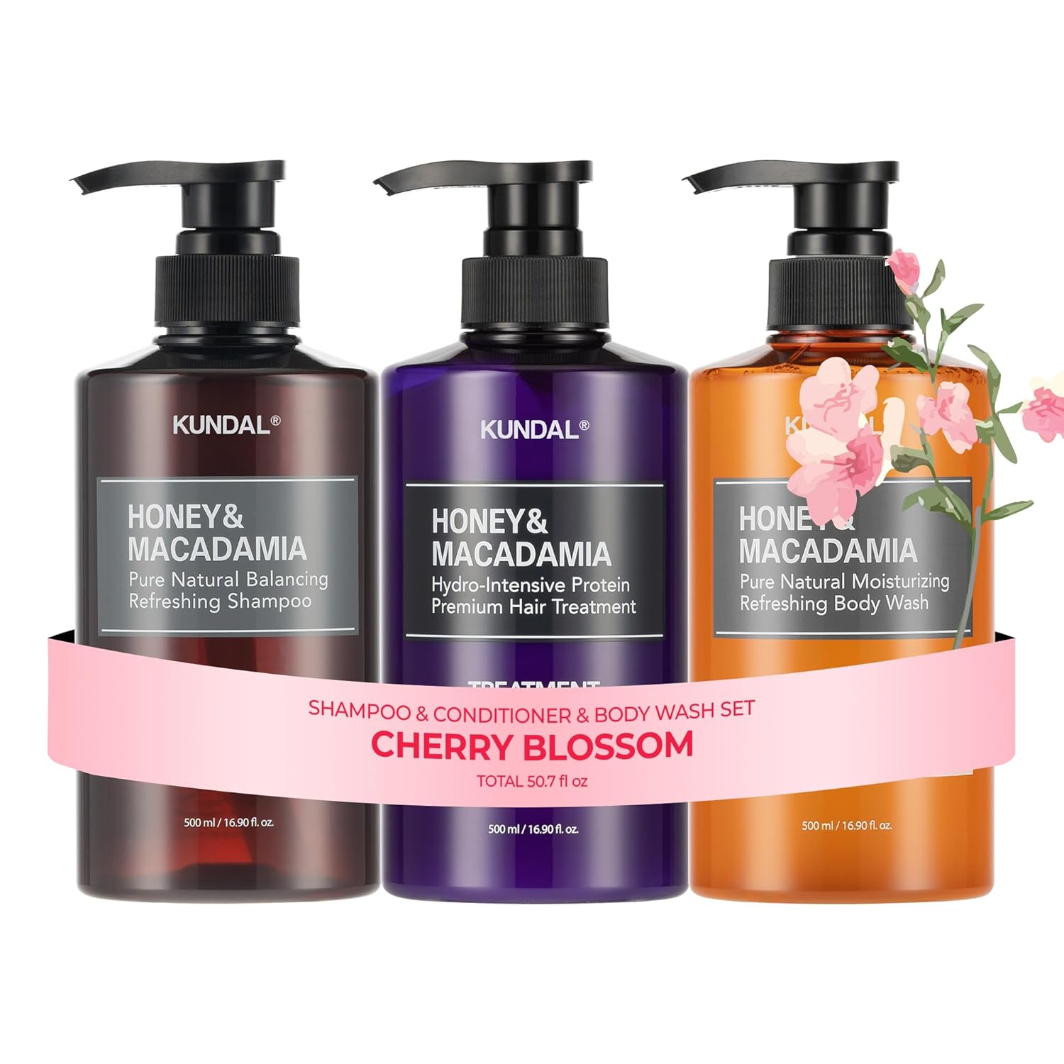 KUNDAL Cherry Blossom Hair & Body Care Bundle – Shampoo & Conditioner Set + Honey Macadamia Body Wash, Korean Beauty, Moisturizing & Sulfate-Free