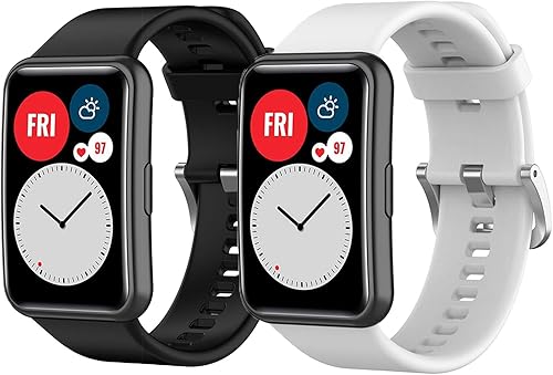 YOUkei Sport - Correa deportiva de repuesto de silicona suave compatible con Huawei Watch FIT, Bluetooth, SmartWatch (paquete de 2, blanco y negro)