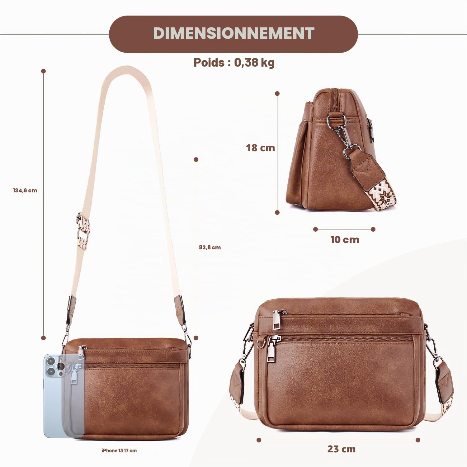 ATERITSSI - Sac à bandoulière tendance en cuir végétalien pour femme, sac à main pour téléphone portable, appareil photo, avec emplacements pour cartes
