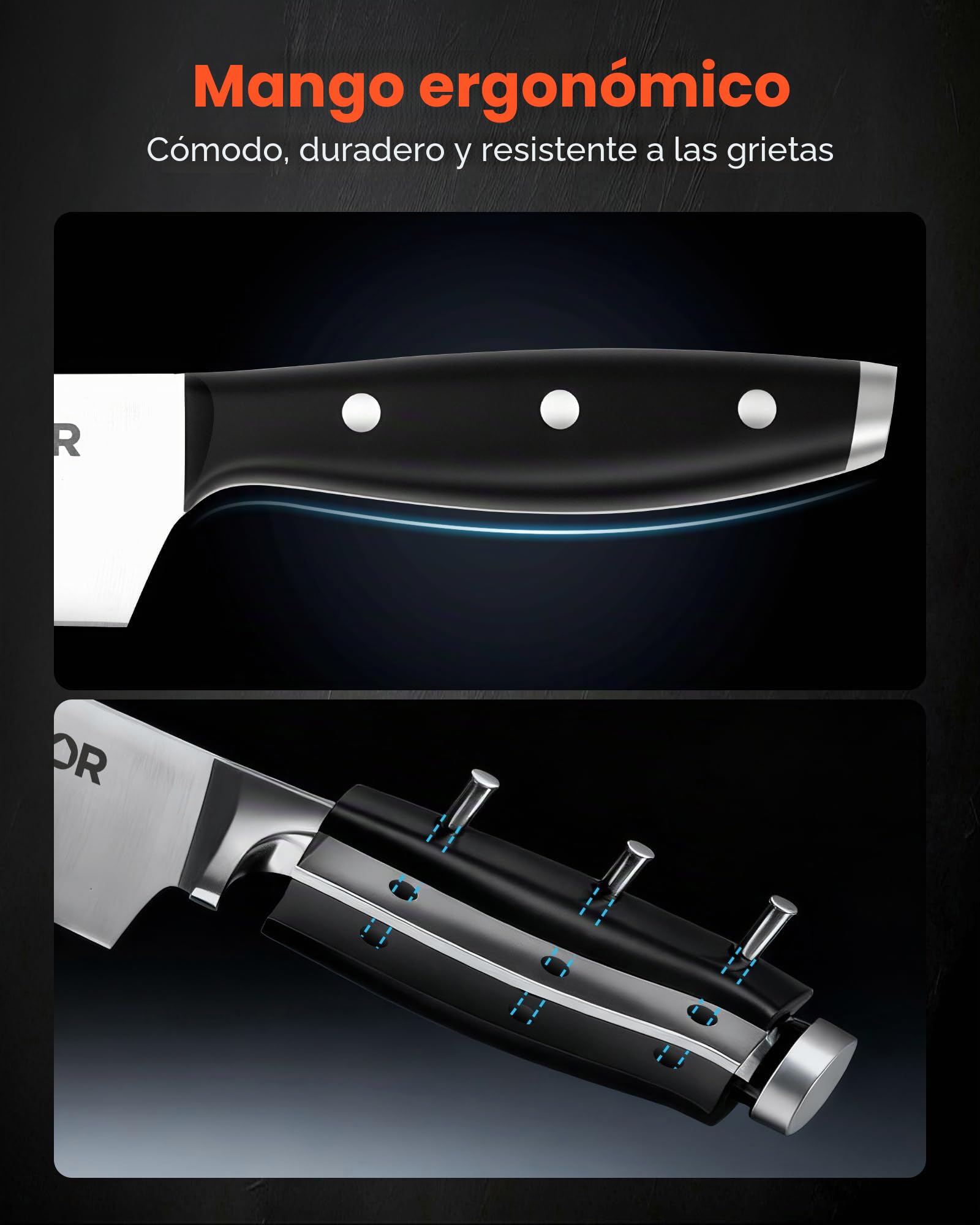 VEVOR Juego de Cuchillos de Acero Inoxidable de Alto Carbono, con Bloque de Madera y Afilador, con Mangos Ergonómicos y Tijeras de Cocina para Cocineros Caseros, 180 x 107 x 330 mm, 15 Piezas