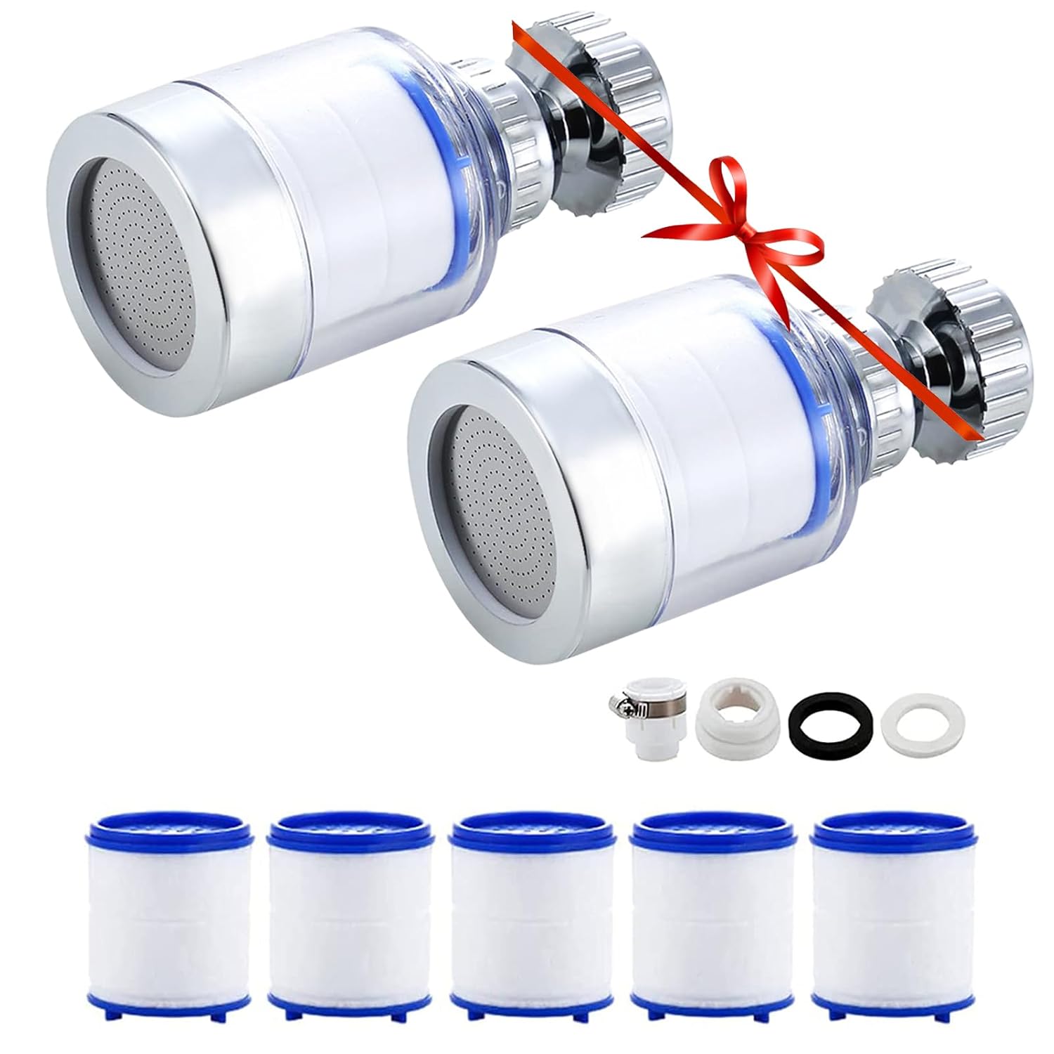 YOTAN 2 Pcs of Sink Water Filter Faucet and 5 Filter Elements Set, Sink Faucet Filter 360°Rotating, Bathroom Faucet Filter Removes Visible Sediment Hard Water, Easy Install, for Bathroom Kitchen Sink