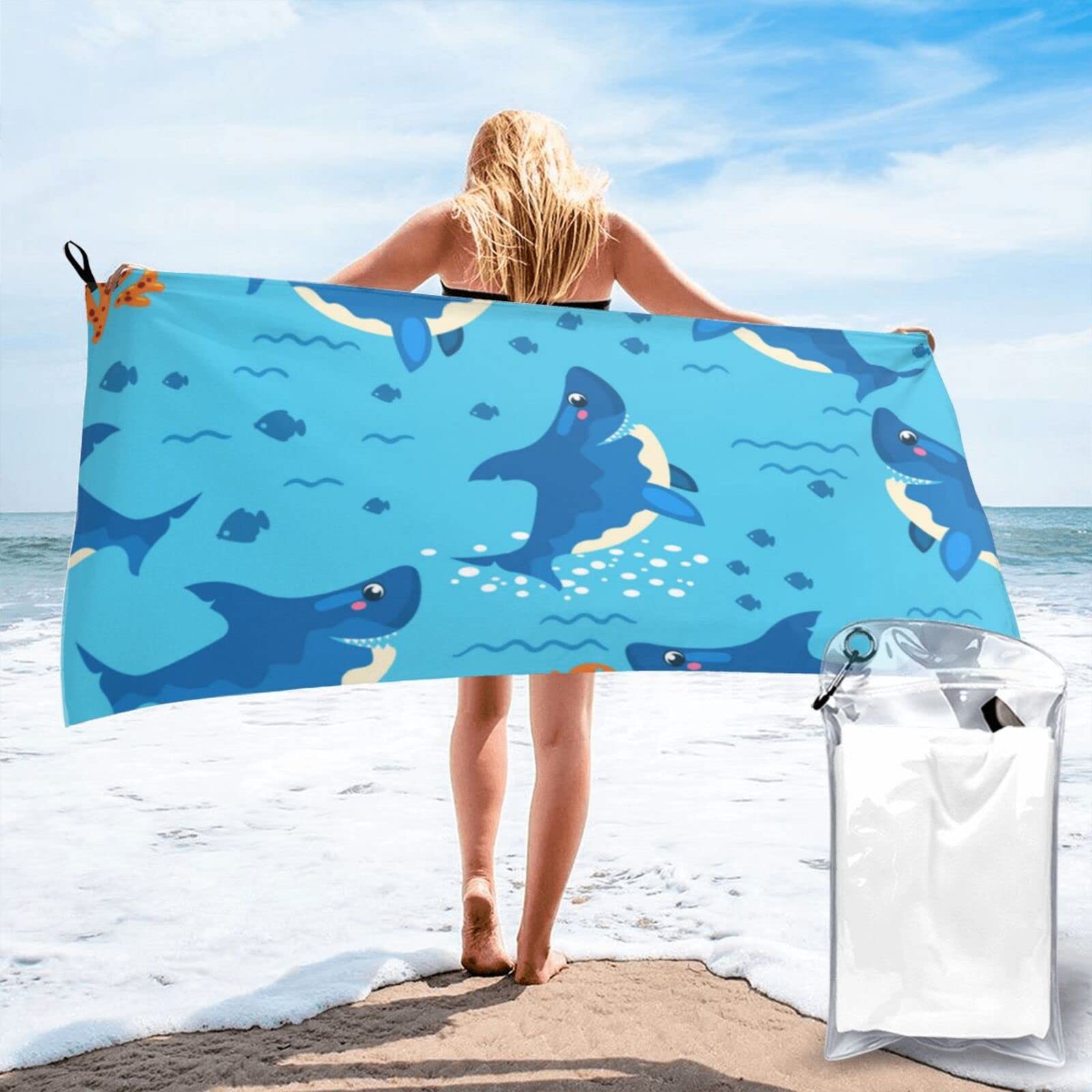 Lawenp Cute Sharks Microfiber Beach Towel Adults Large Quick Drying Bath Towel Travel Towels with Pouch 31.5"x63"