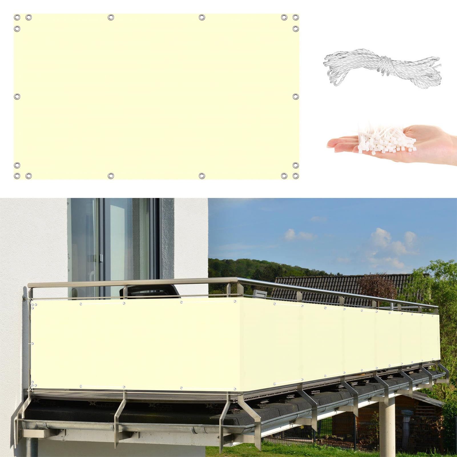 GJZQDKX Balcony 1.5m x 10m - Weatherproof UV & Wind Protection No Drill Fence Cover with Cable Ties Ideal for Garden Yard & Wall - Milk White