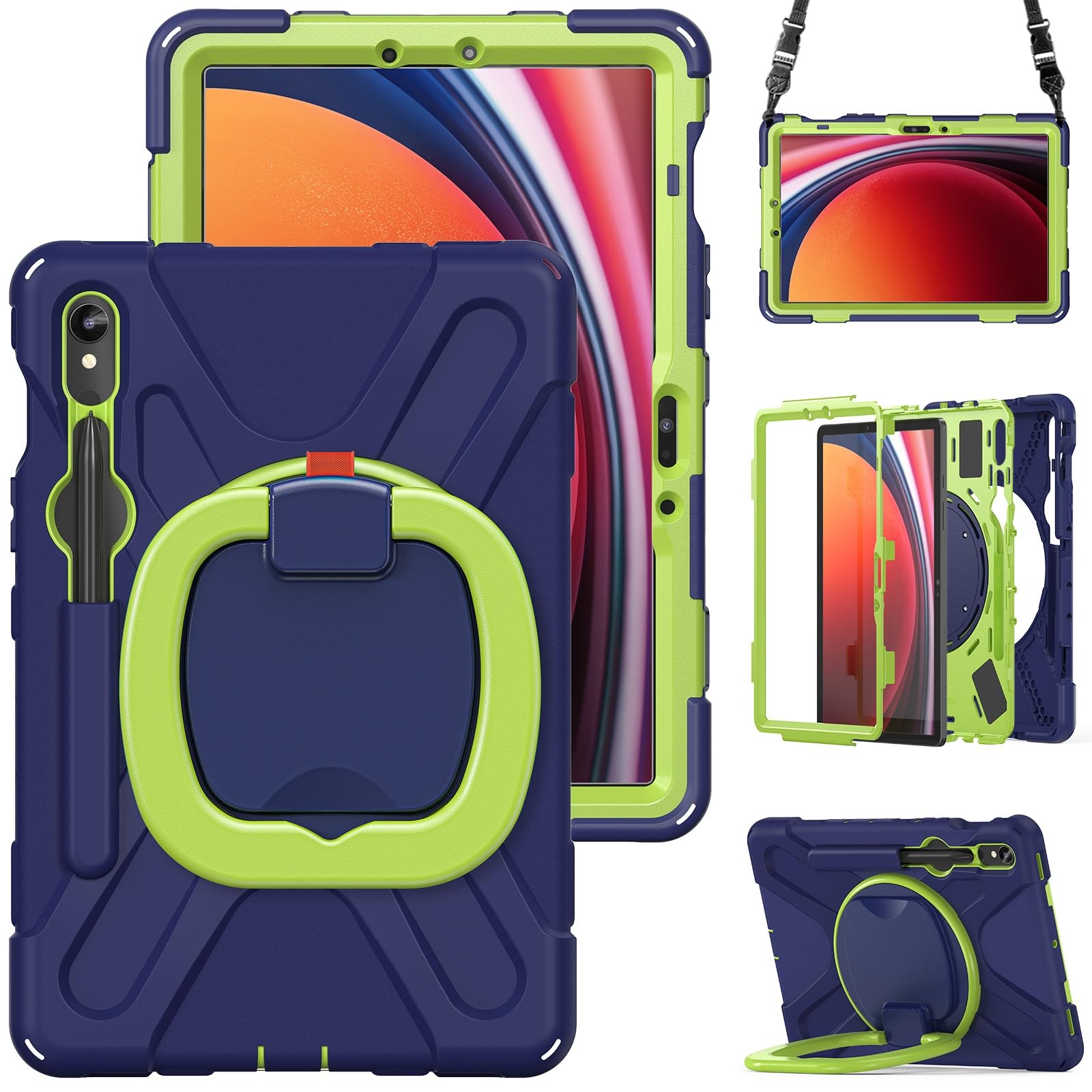 Etui na tablet Samsung Galaxy Tab S10 FE 10,9" (model SM-X520/X526B) 2025, wytrzymała obudowa, odporna wstrząsy, z obrotową podstawką 360°, paskiem rękę/ramię(Navy Green)