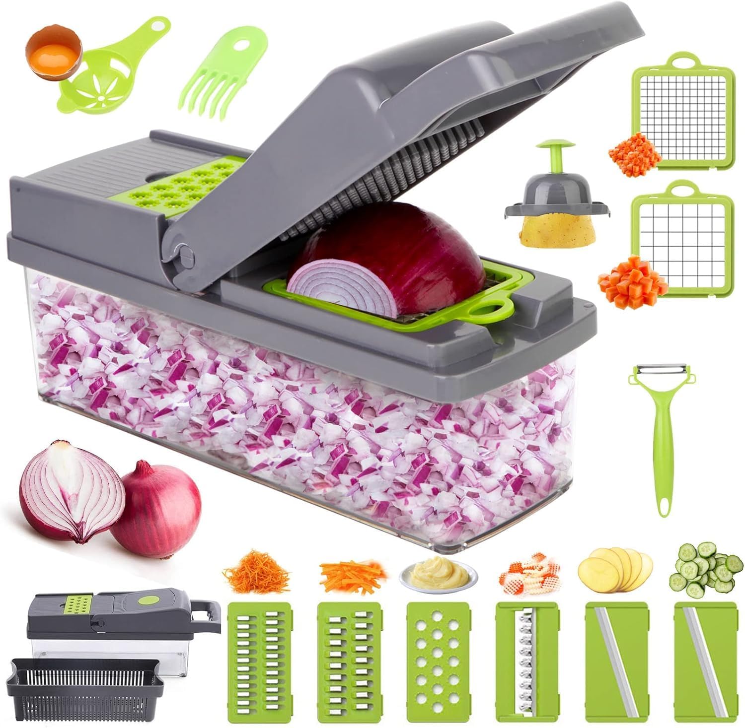 14 in 1 Vegetable Chopper Pro with Container Manual Kitchen Chopper and Slicer with Stainless Steel Blades Dicer Grater Egg Separator for Onion Potato Carrot Salad-image-5