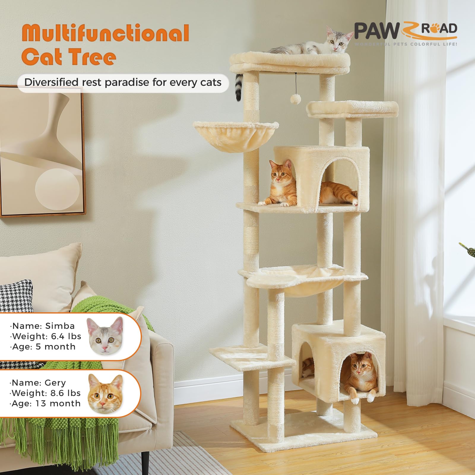PAWZ Road Grote krabpaal, 184 cm kattentoren voor grote katten, kattenverblijf met krabpalen en kussentjes bedekt met sisal, 2 gewatteerde zitstokken, dubbel verblijf en mand voor binnenkatten - beige