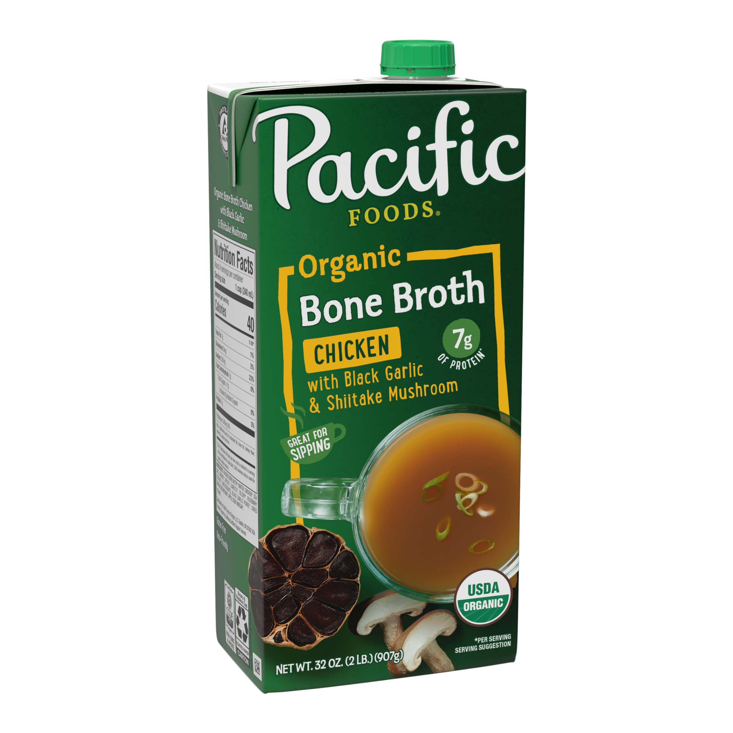 Pacific Foods Organic Chicken Bone Broth With Black Garlic and Shiitake Mushroom, 32 oz Carton