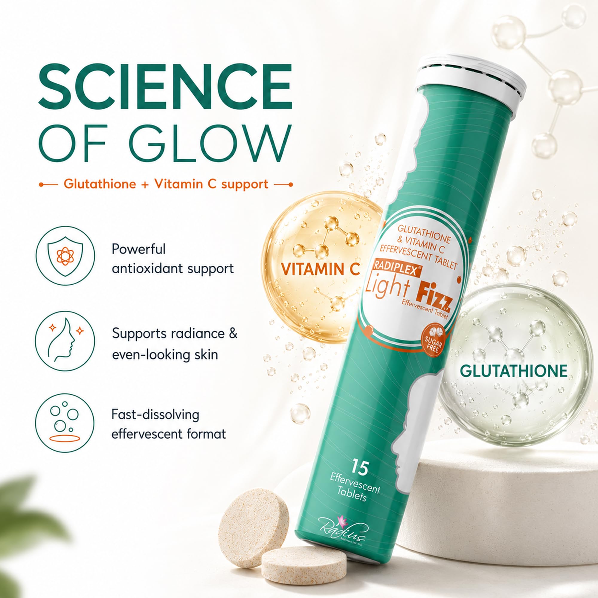 Radiplex Light Fizz | L-Glutathione 600mg & Vitamin C 1000mg | Effervescent Tablets for Skin Brightening, Antioxidant Support & Anti-Pigmentation | Sugar-Free | Orange Flavor