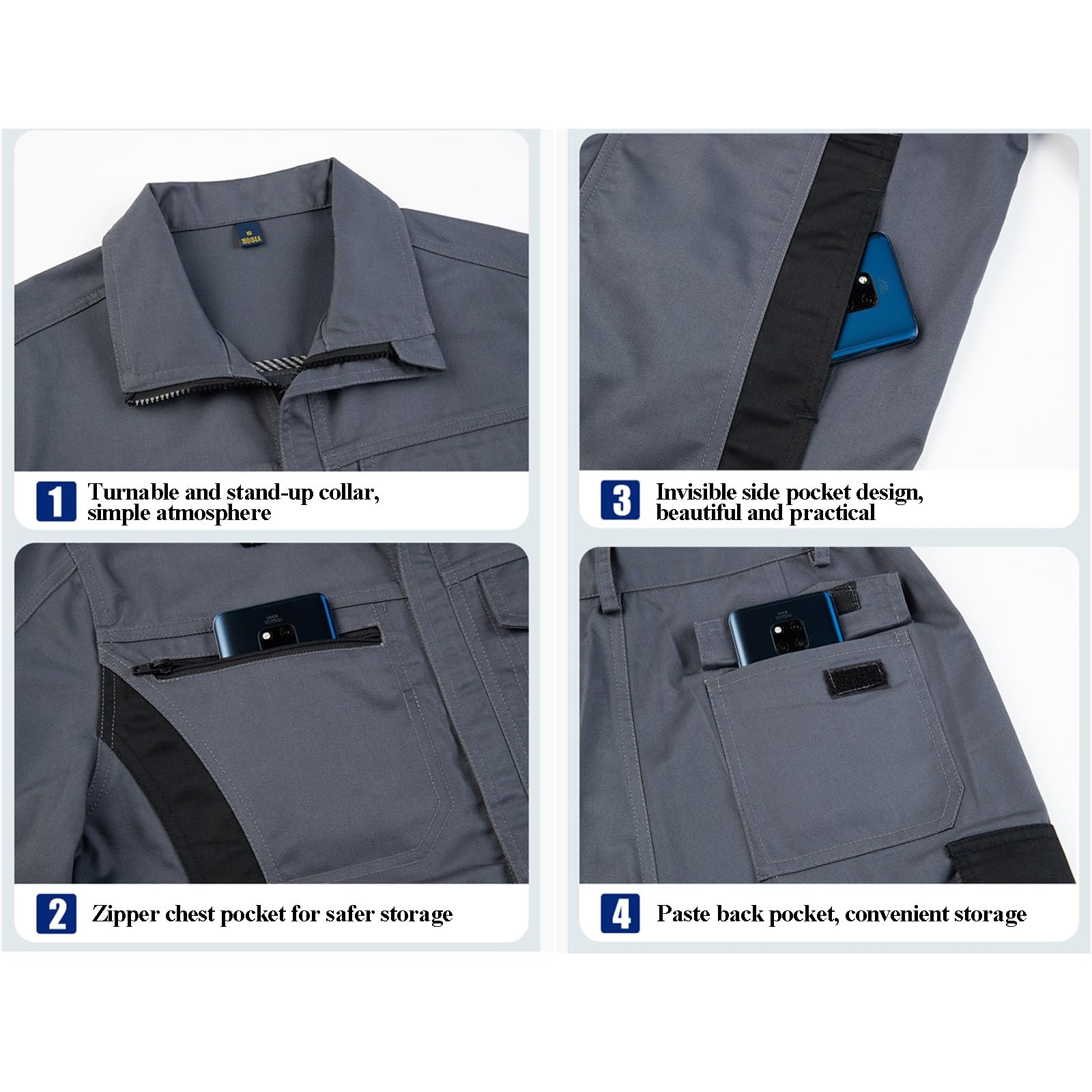 Conjunto de Ropa de Trabajo para Hombre Fuelle de Doble Capa Bolsillos con Cremallera Cintura Elástica Bolsillos Laterales Adicionales Traje de Protección Laboral Reforzado