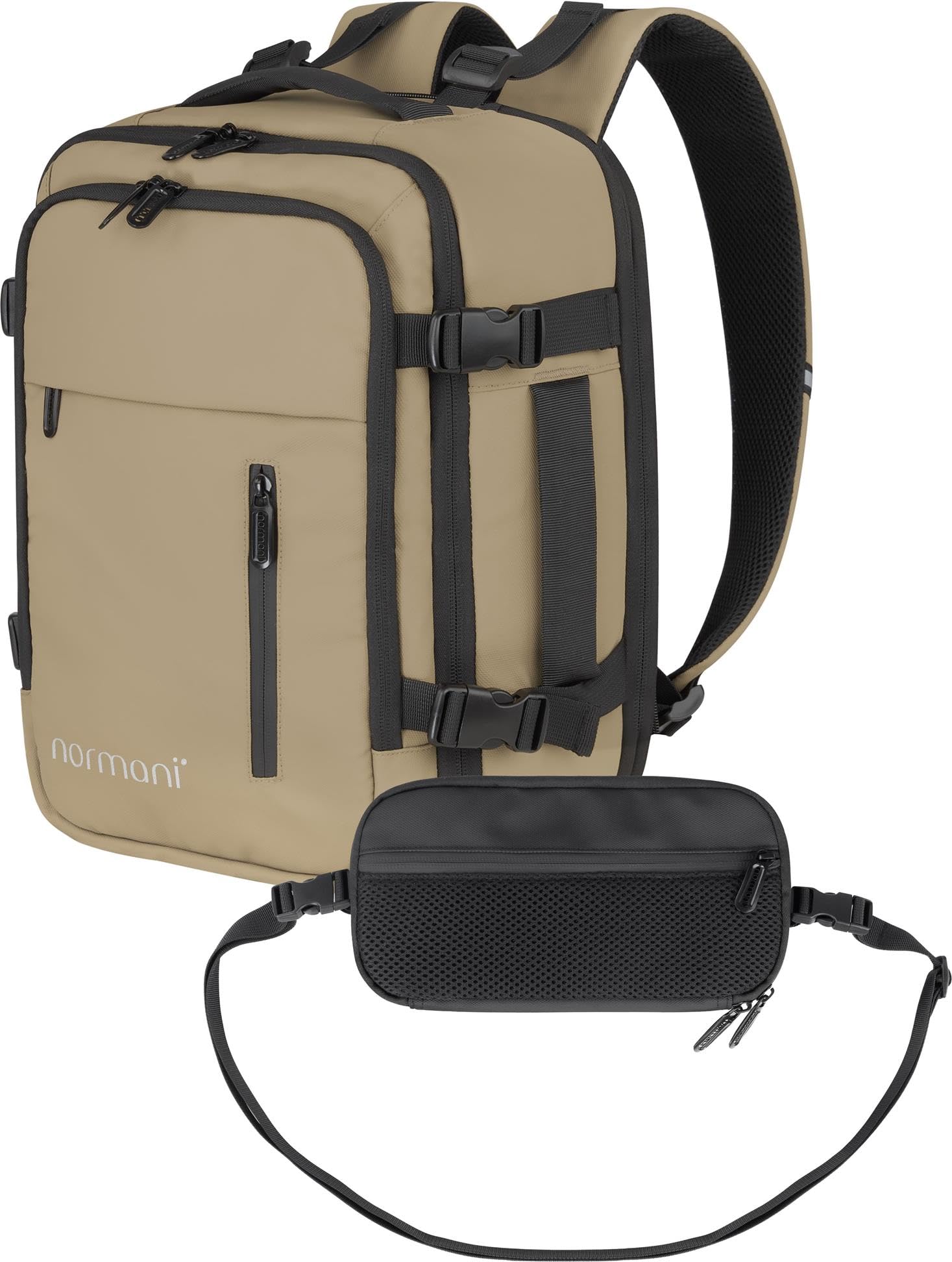 normani Handgepäck Reise-Rucksack 40x25x20-30 cm fürs Flugzeug vergrößerbar Cabin Bag mit zusätzlichen Taschen Beige mit Reisepasstasche ONESIZE
