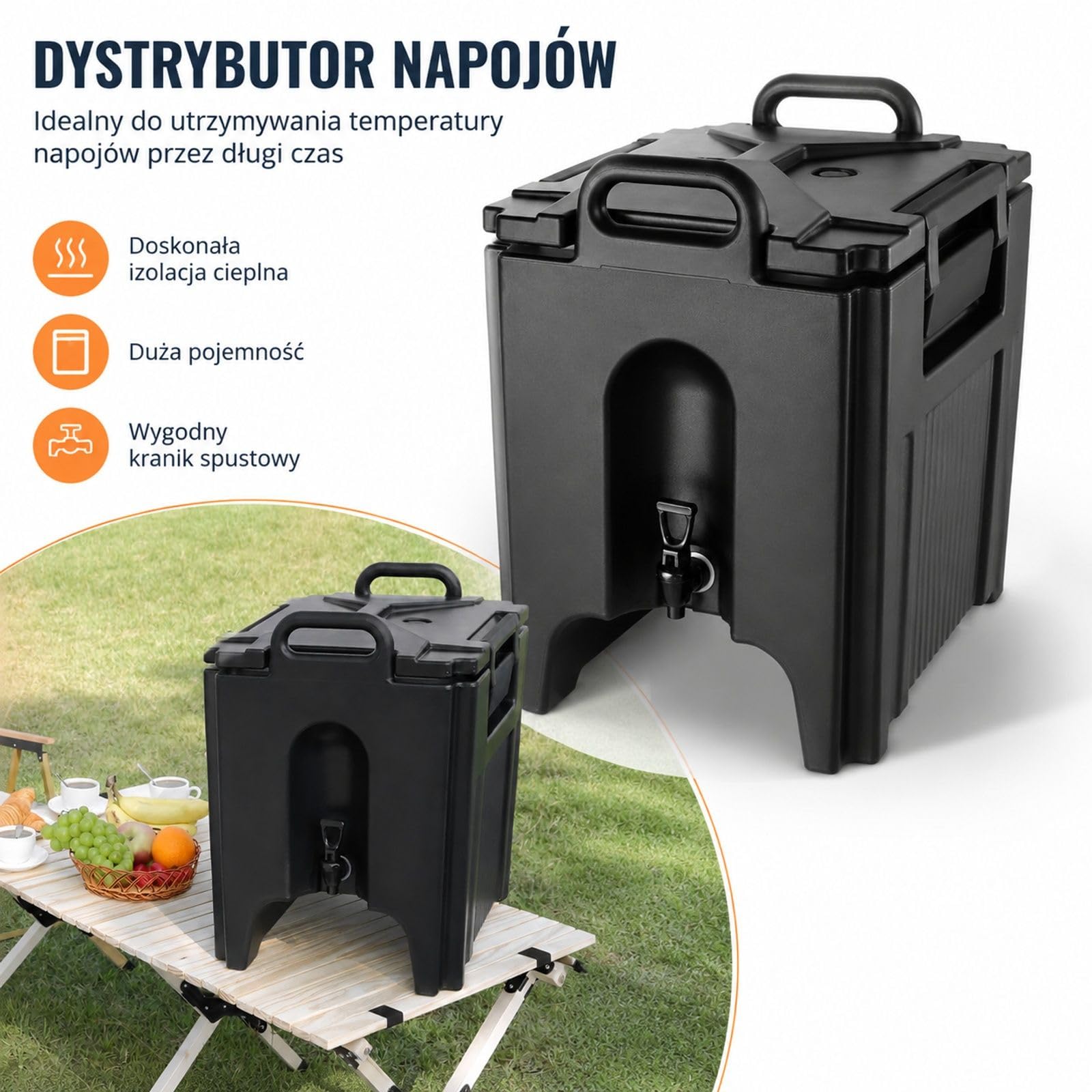 Dozownik napojów 37,6 l z LDPE, czarny pojemnik z kranikiem i uchwytami do kawy, mleka, wody i soku