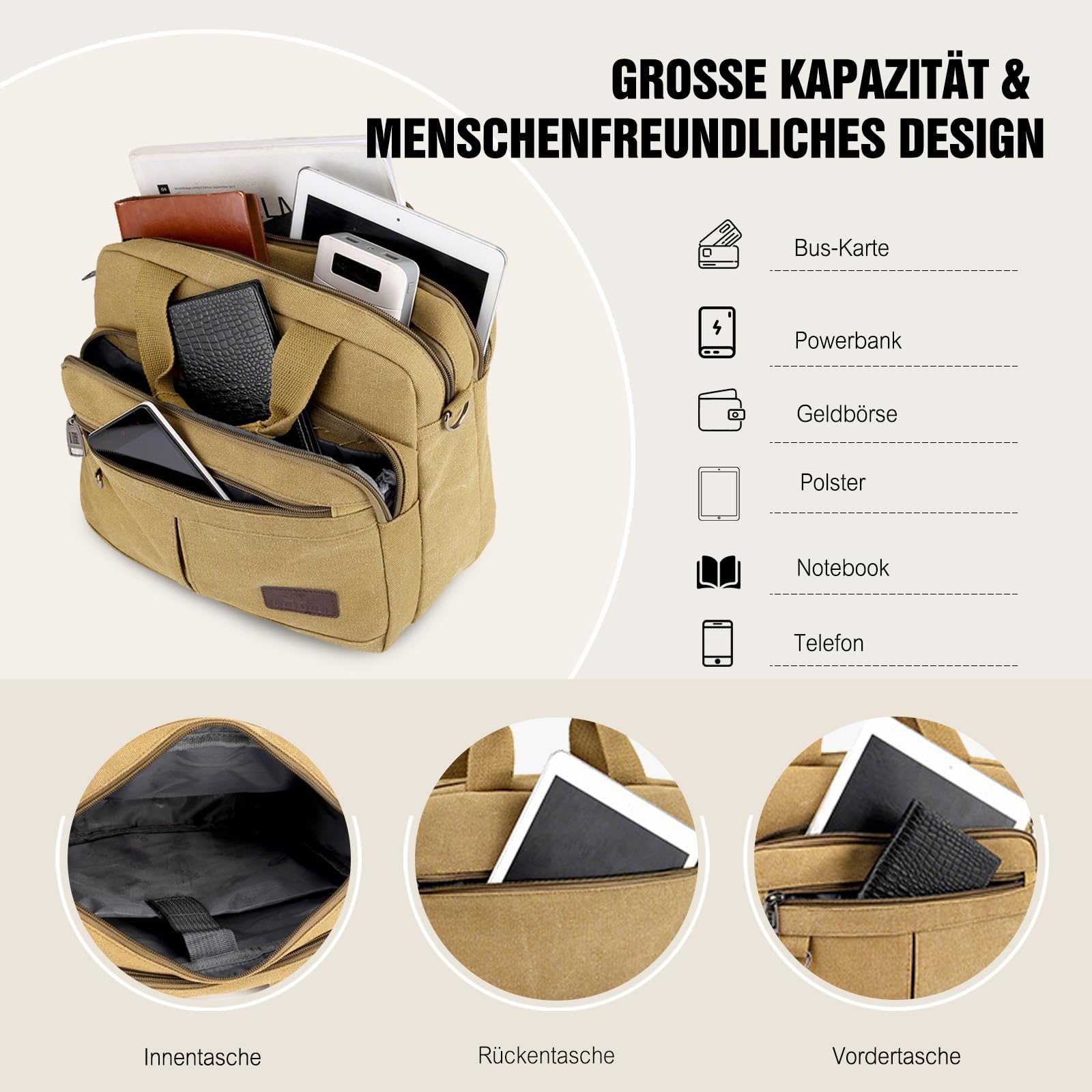 FANDARE Retro Aktentasche Herren Canvas Büro-Tasche Umhängetasche für 12,9-Zoll-Laptops Dokumententasche Mappe mit mehreren Fächern für Reisen Beruf Berufstätige & Geschäftsleute Messenger Bag